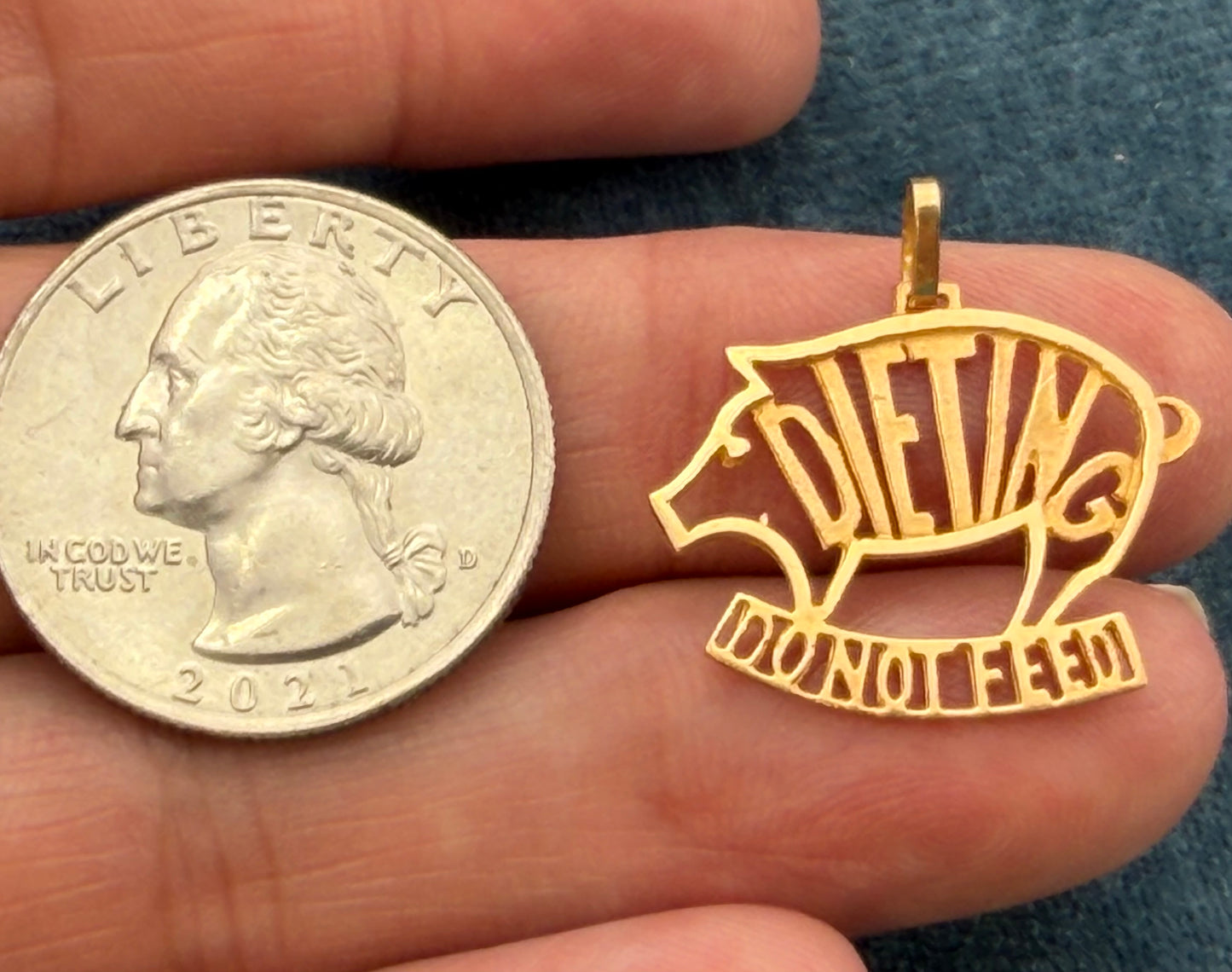 10k Yellow Gold Funny Pig Cut-Out Pendant. "DIETING - Do Not Feed"