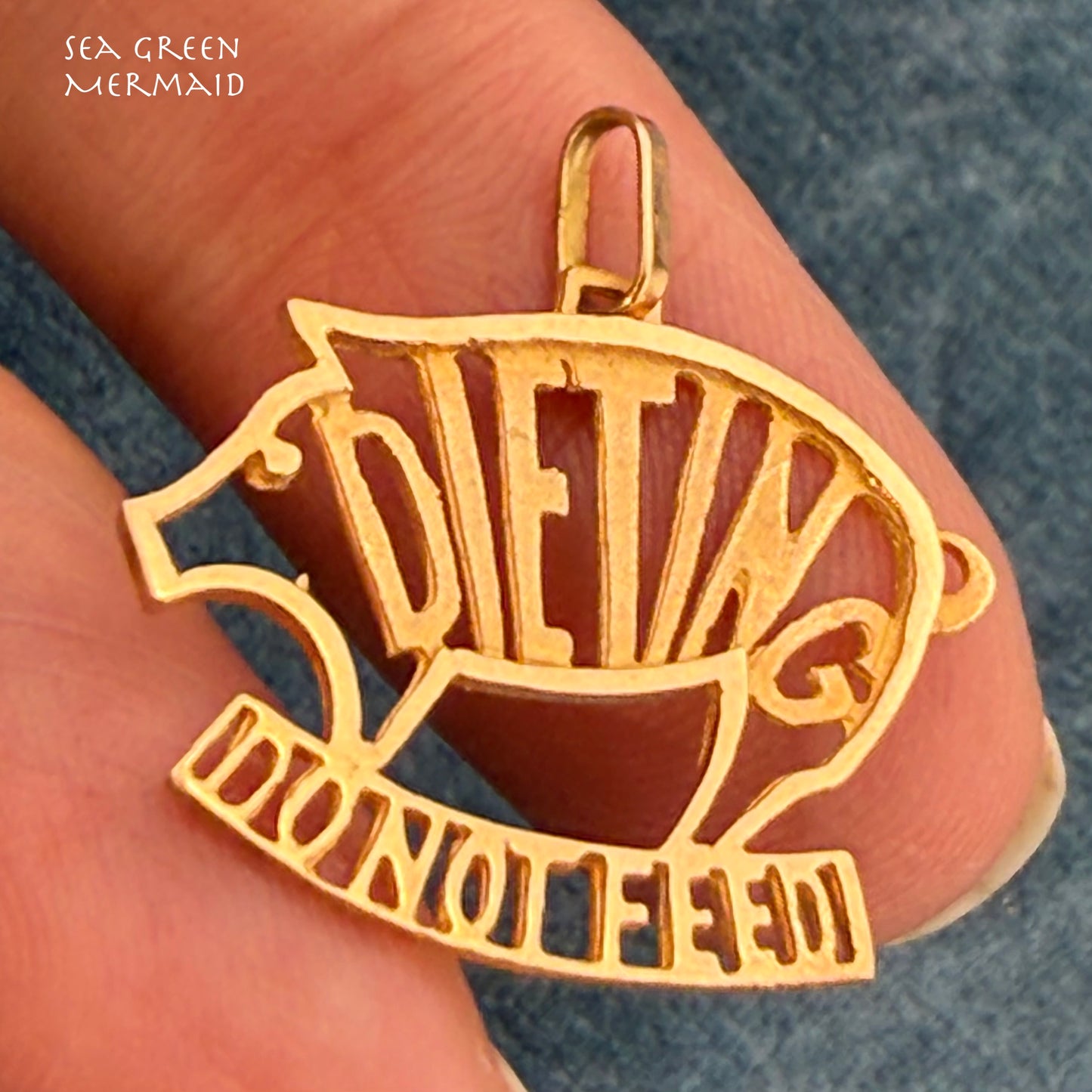 10k Yellow Gold Funny Pig Cut-Out Pendant. "DIETING - Do Not Feed"