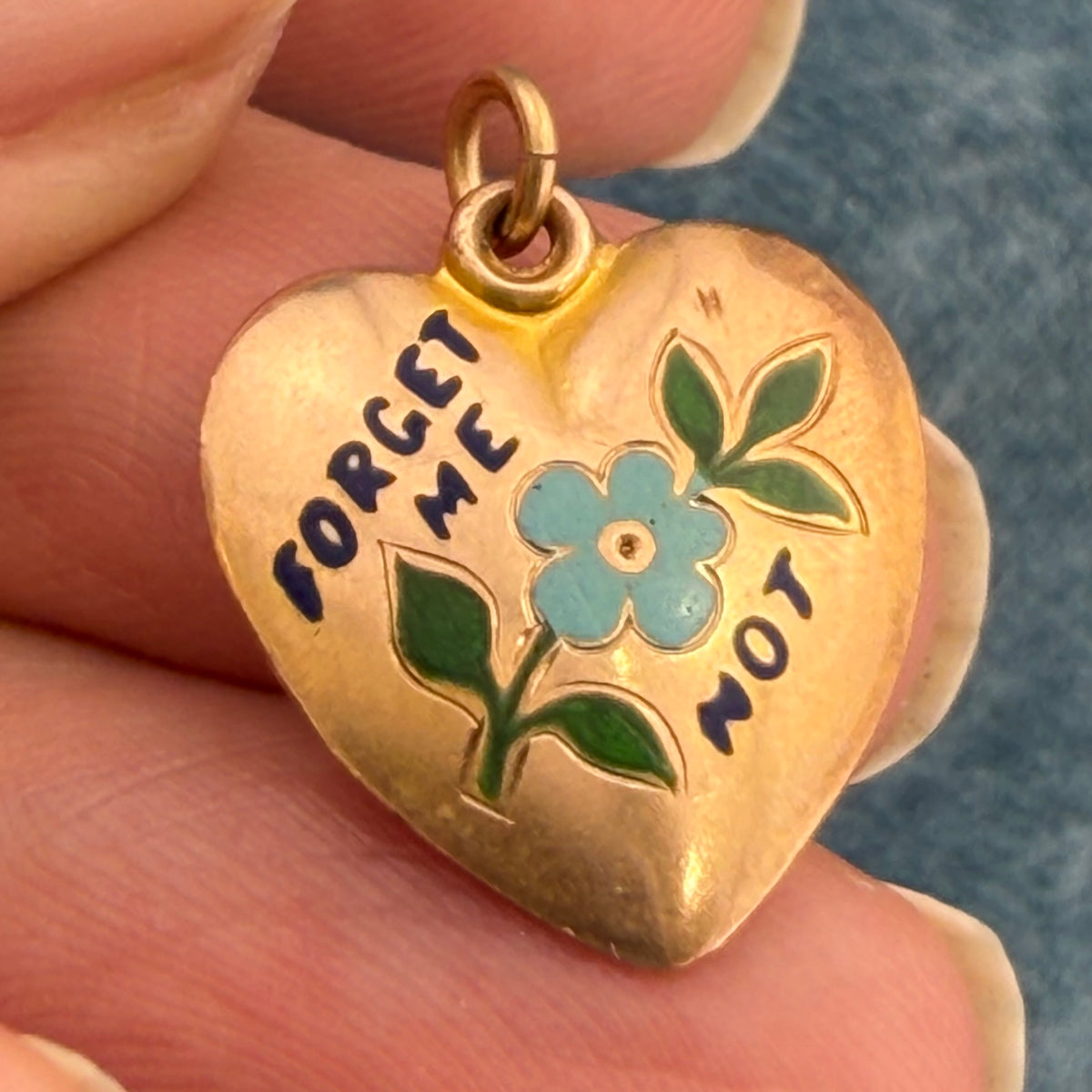 10k Yellow Gold FORGET-ME-NOT Enamel Heart Pendant. Antique