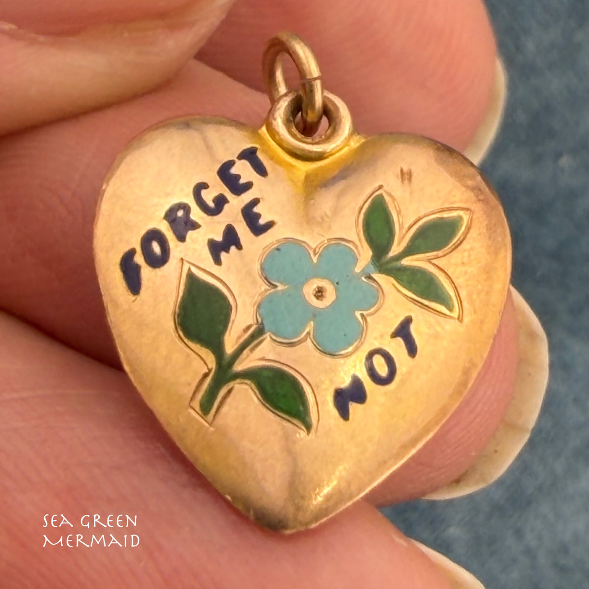 10k Yellow Gold FORGET-ME-NOT Enamel Heart Pendant. Antique