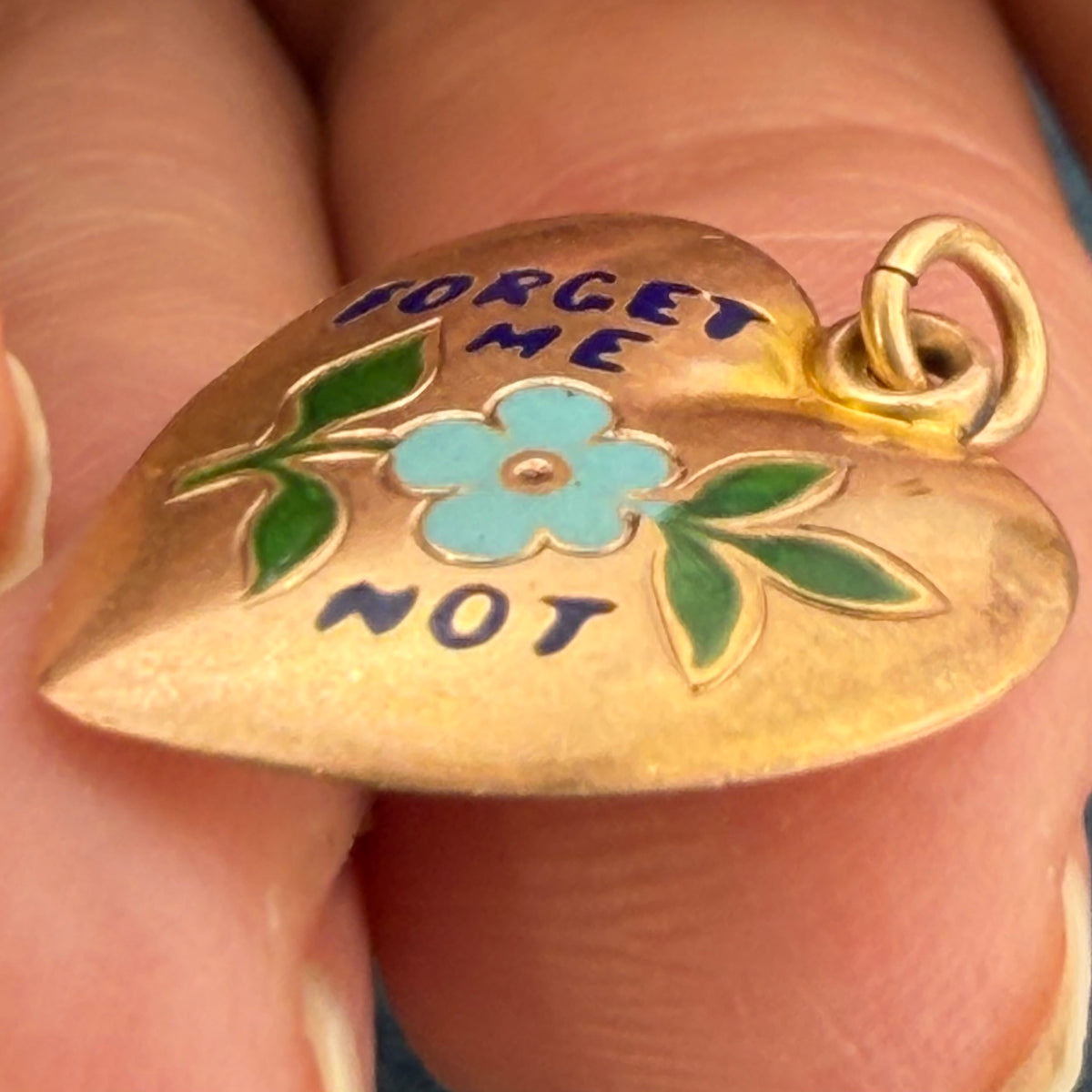 10k Yellow Gold FORGET-ME-NOT Enamel Heart Pendant. Antique