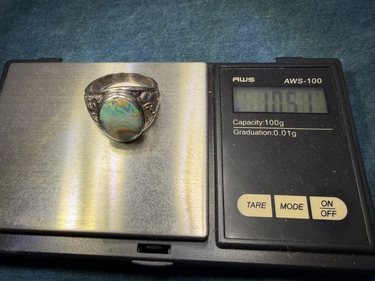 Australian Boulder Opal Silver Dragon Signet Ring. 3/4" + 10g  *Video*