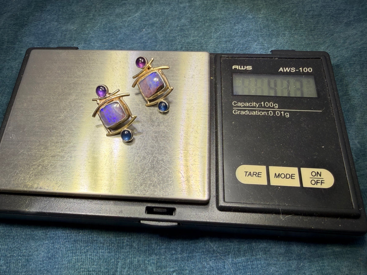 14k Gold + Silver Australian Boulder Opal, Topaz + Amethyst Earrings *Video*