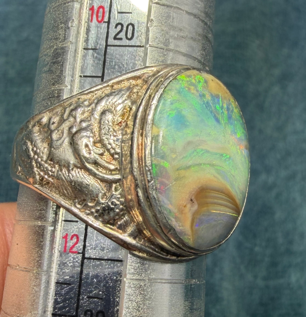 Australian Boulder Opal Silver Dragon Signet Ring. 3/4" + 10g  *Video*