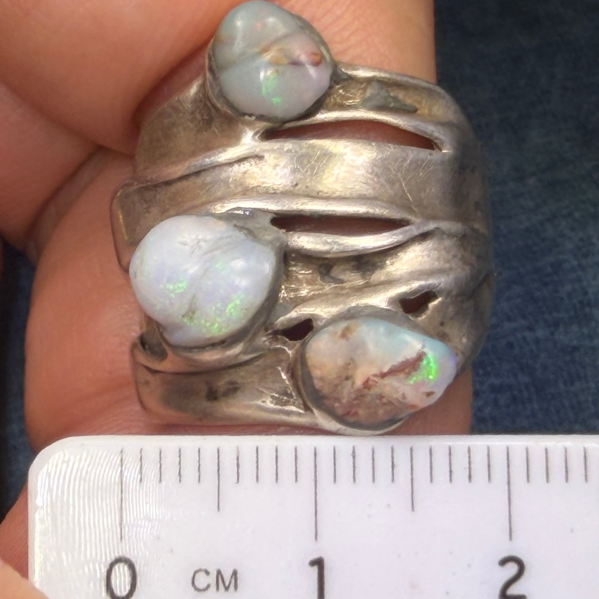 Australian Opal Multi-Band Stacked Sterling Silver Ring. Wide 0.8" + 9g *Video*