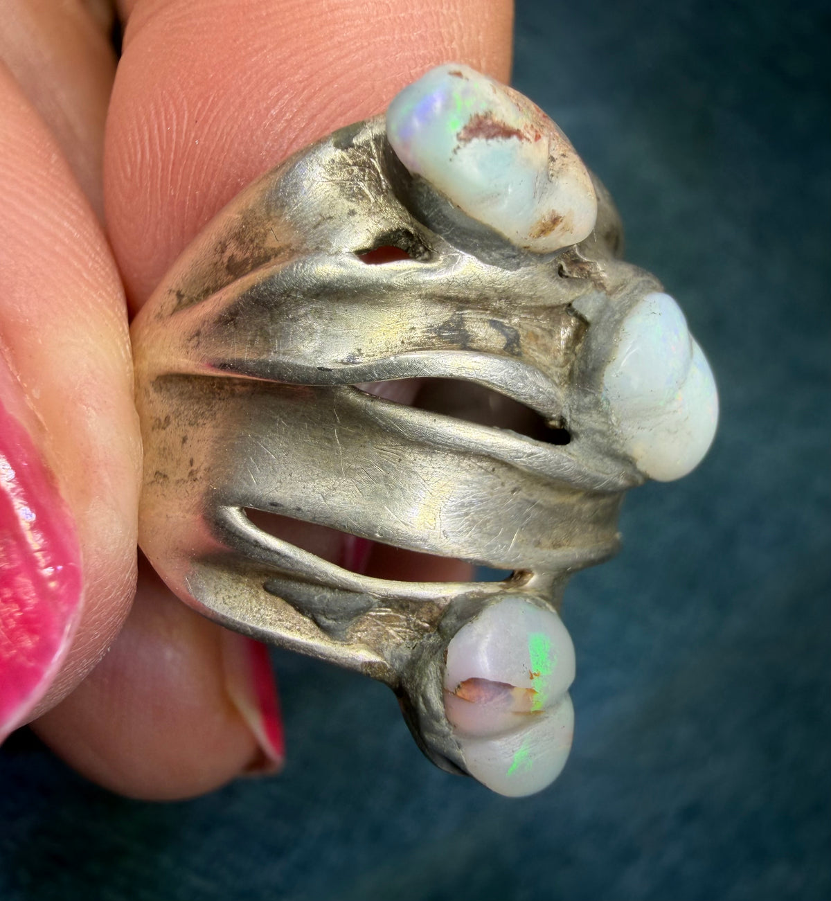 Australian Opal Multi-Band Stacked Sterling Silver Ring. Wide 0.8" + 9g *Video*