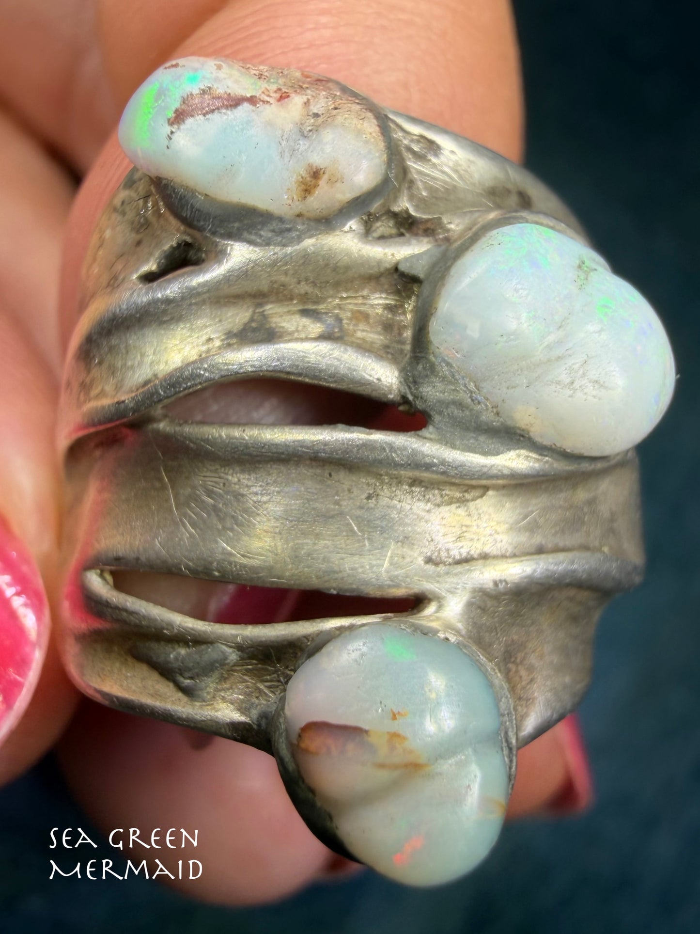 Australian Opal Multi-Band Stacked Sterling Silver Ring. Wide 0.8" + 9g *Video*