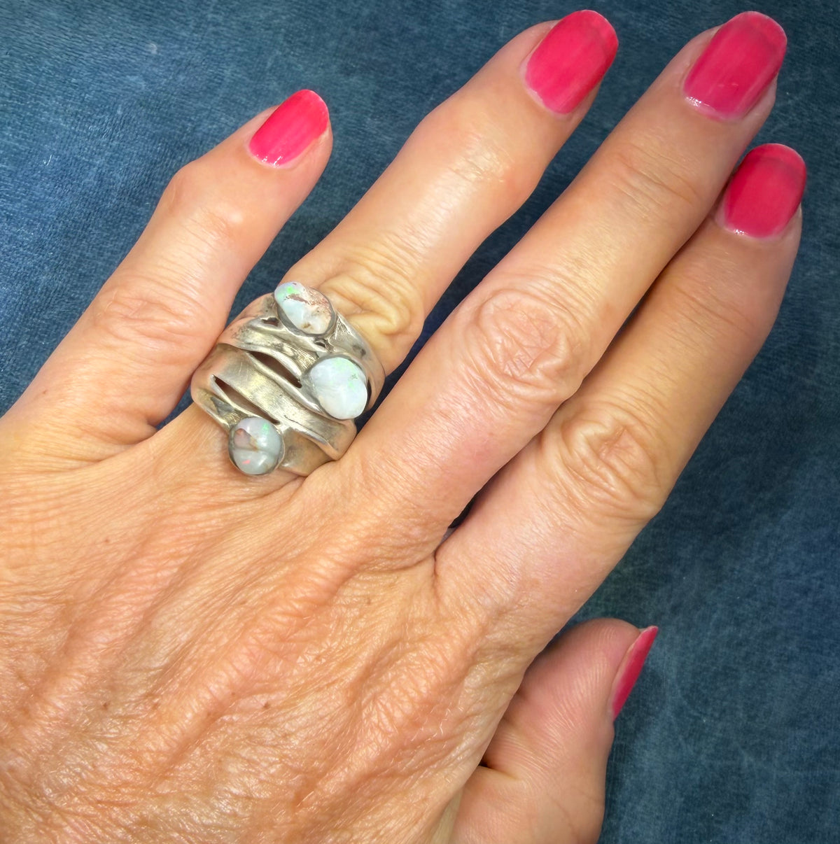 Australian Opal Multi-Band Stacked Sterling Silver Ring. Wide 0.8" + 9g *Video*