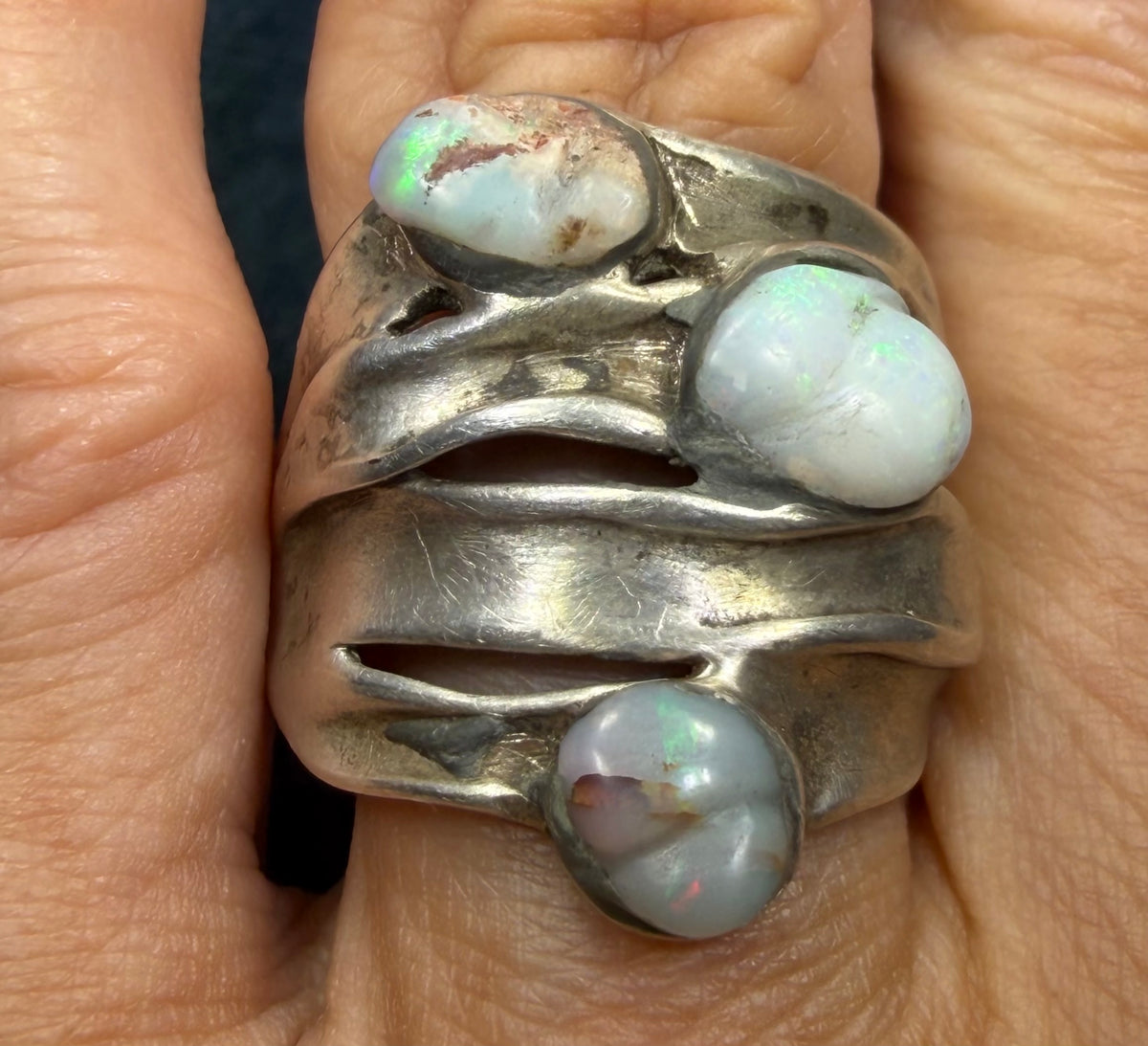Australian Opal Multi-Band Stacked Sterling Silver Ring. Wide 0.8" + 9g *Video*
