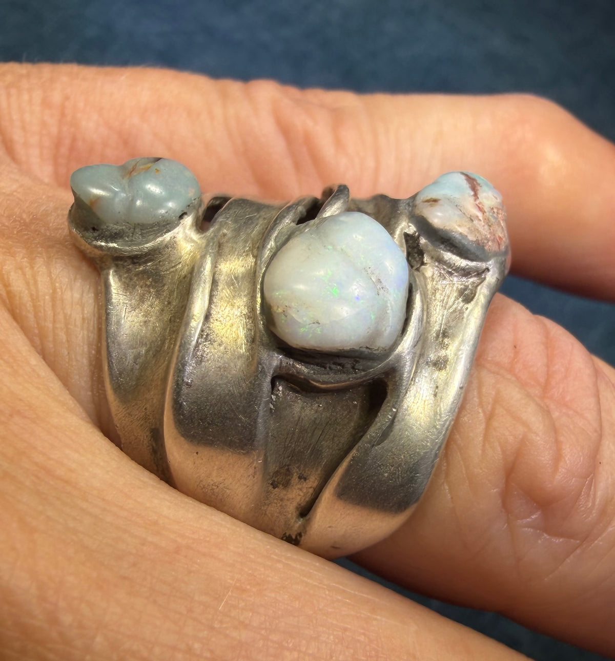 Australian Opal Multi-Band Stacked Sterling Silver Ring. Wide 0.8" + 9g *Video*