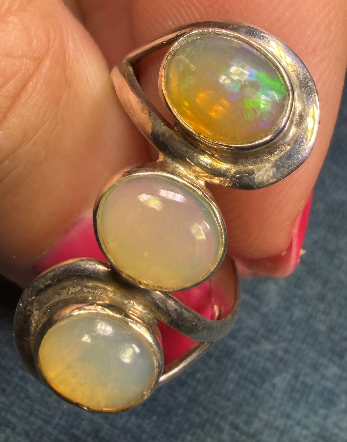 Ethiopian Welo Jelly Opal + Quartz Stop Light Ring in Silver. 1" Wide