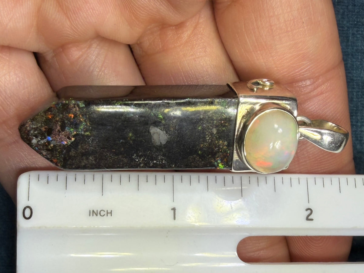 Ethiopian Welo Opal + Australian Black Opal 925 Pendant. 2" + 17g *Video*