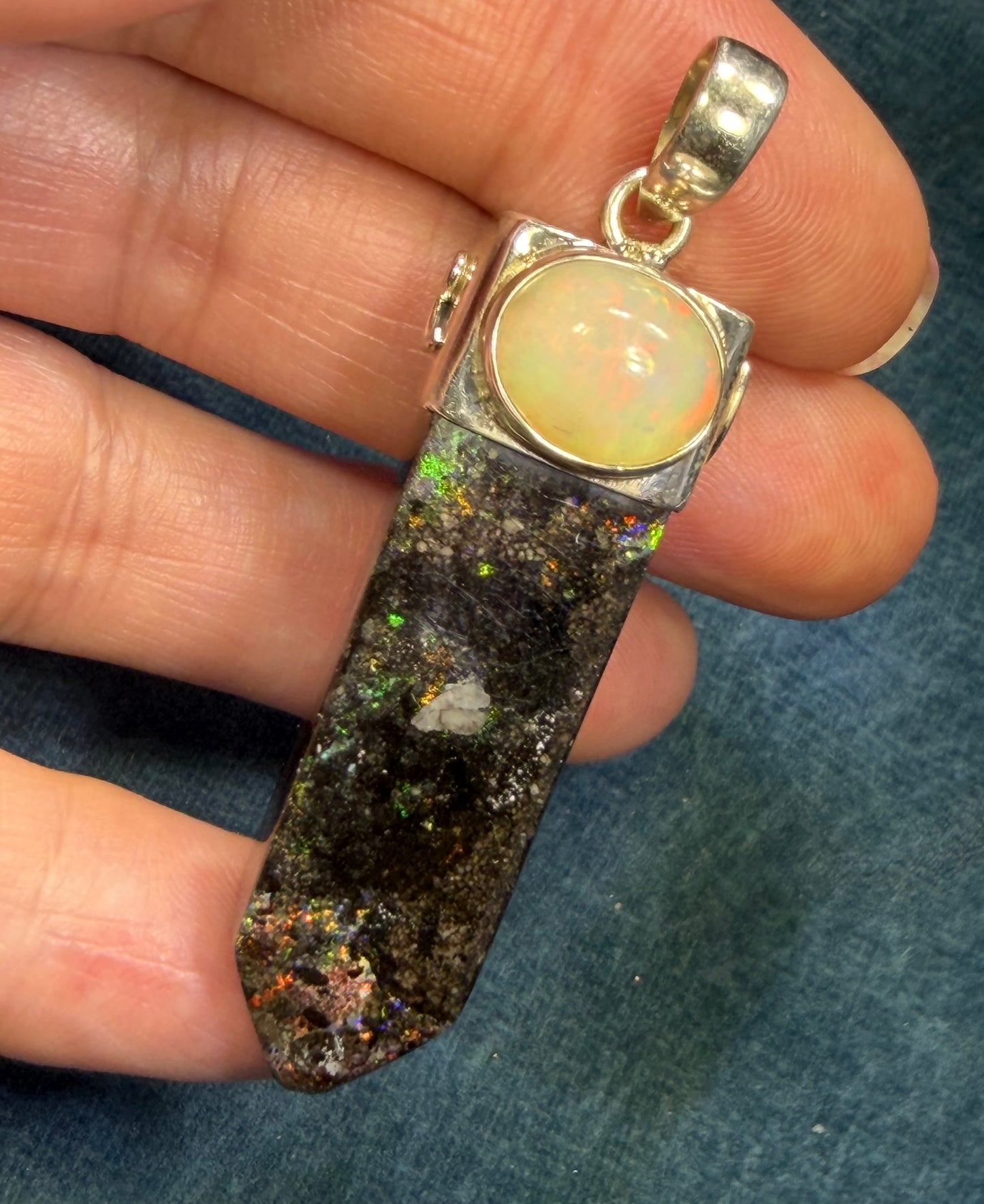 Ethiopian Welo Opal + Australian Black Opal 925 Pendant. 2" + 17g *Video*