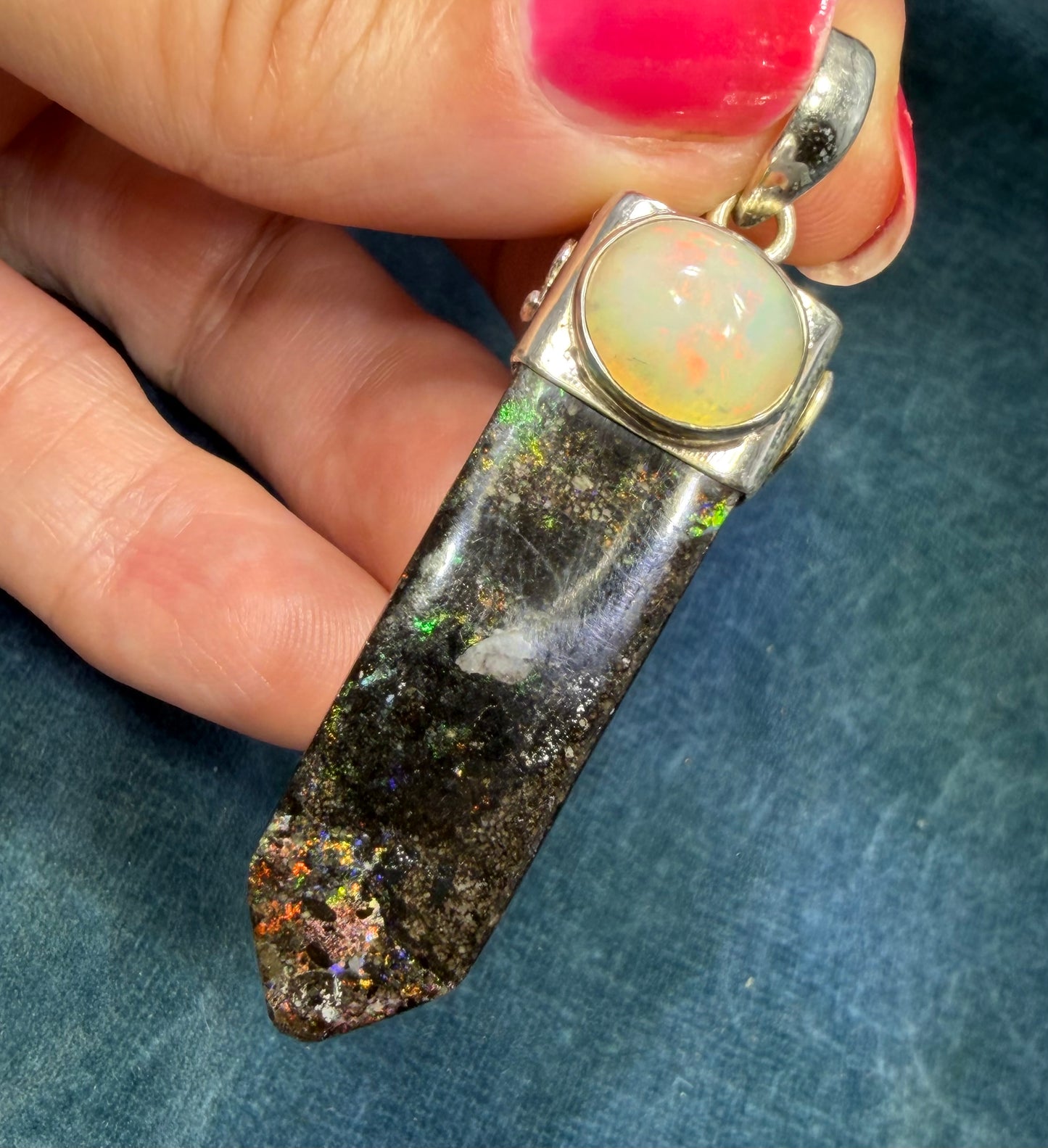 Ethiopian Welo Opal + Australian Black Opal 925 Pendant. 2" + 17g *Video*