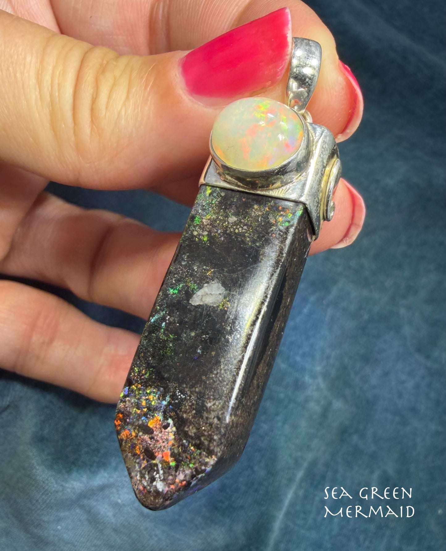 Ethiopian Welo Opal + Australian Black Opal 925 Pendant. 2" + 17g *Video*