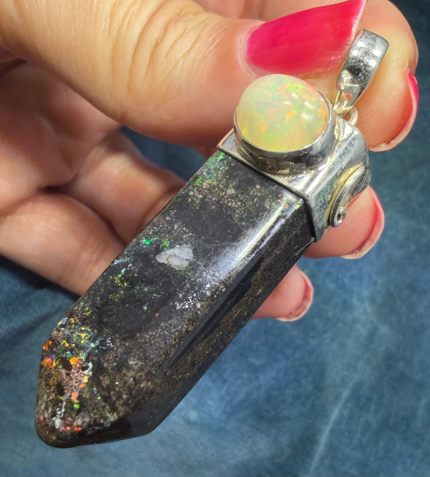 Ethiopian Welo Opal + Australian Black Opal 925 Pendant. 2" + 17g *Video*