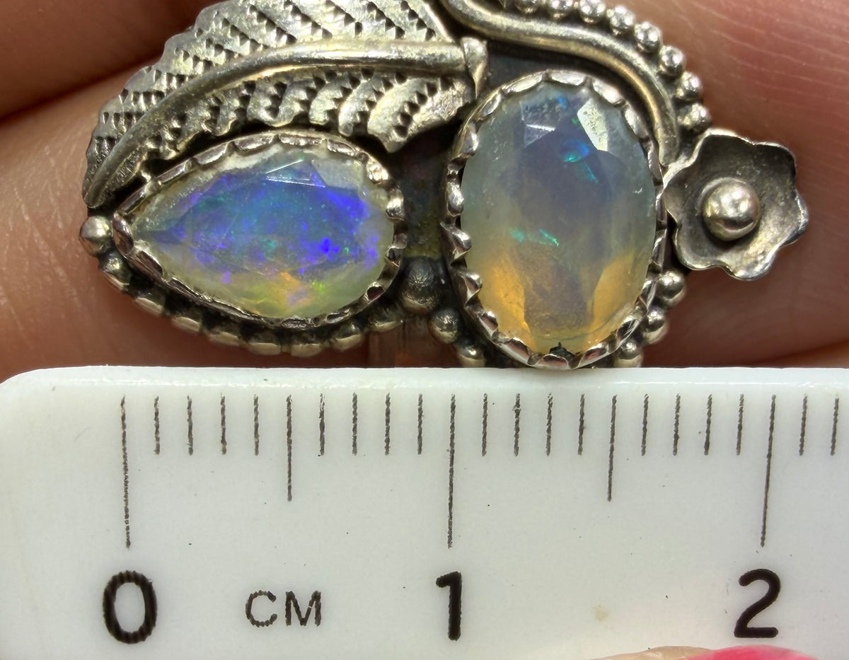 2 Ethiopian Jelly Opals Ring in Silver w Leaf Design. 1" + 4.7g *Video*