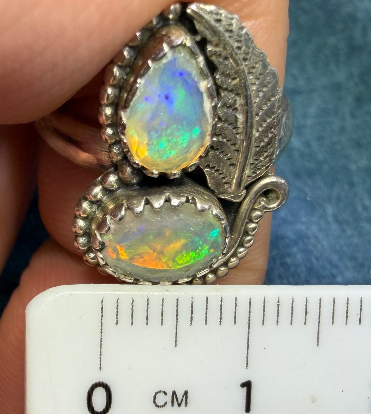 2 Ethiopian Jelly Opals Ring in Silver w Leaf Design. 1" + 4.7g *Video*