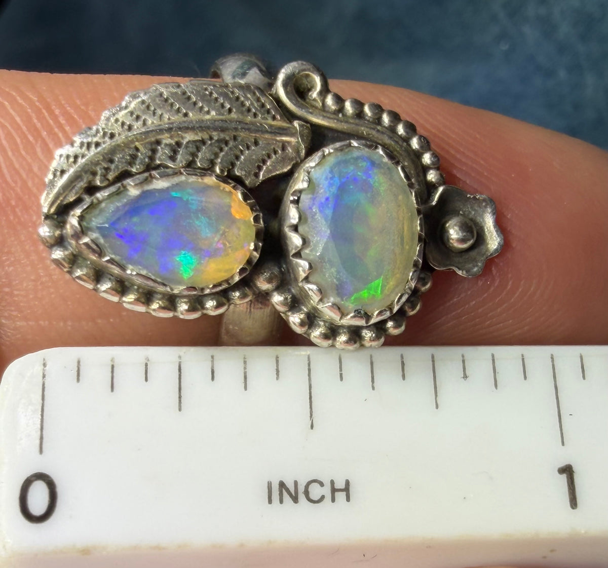 2 Ethiopian Jelly Opals Ring in Silver w Leaf Design. 1" + 4.7g *Video*