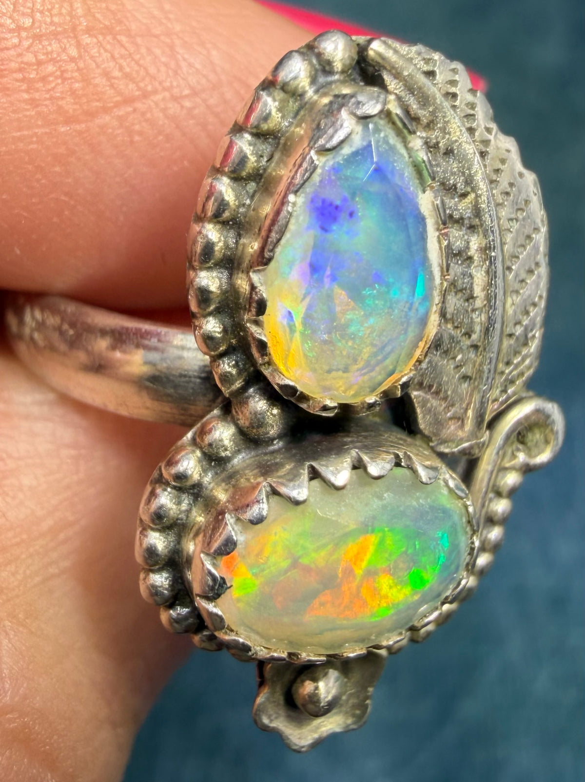 2 Ethiopian Jelly Opals Ring in Silver w Leaf Design. 1" + 4.7g *Video*