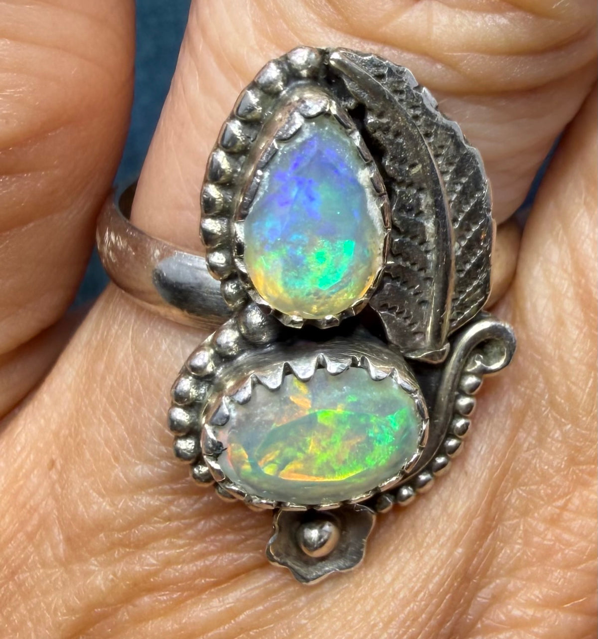 2 Ethiopian Jelly Opals Ring in Silver w Leaf Design. 1" + 4.7g *Video*