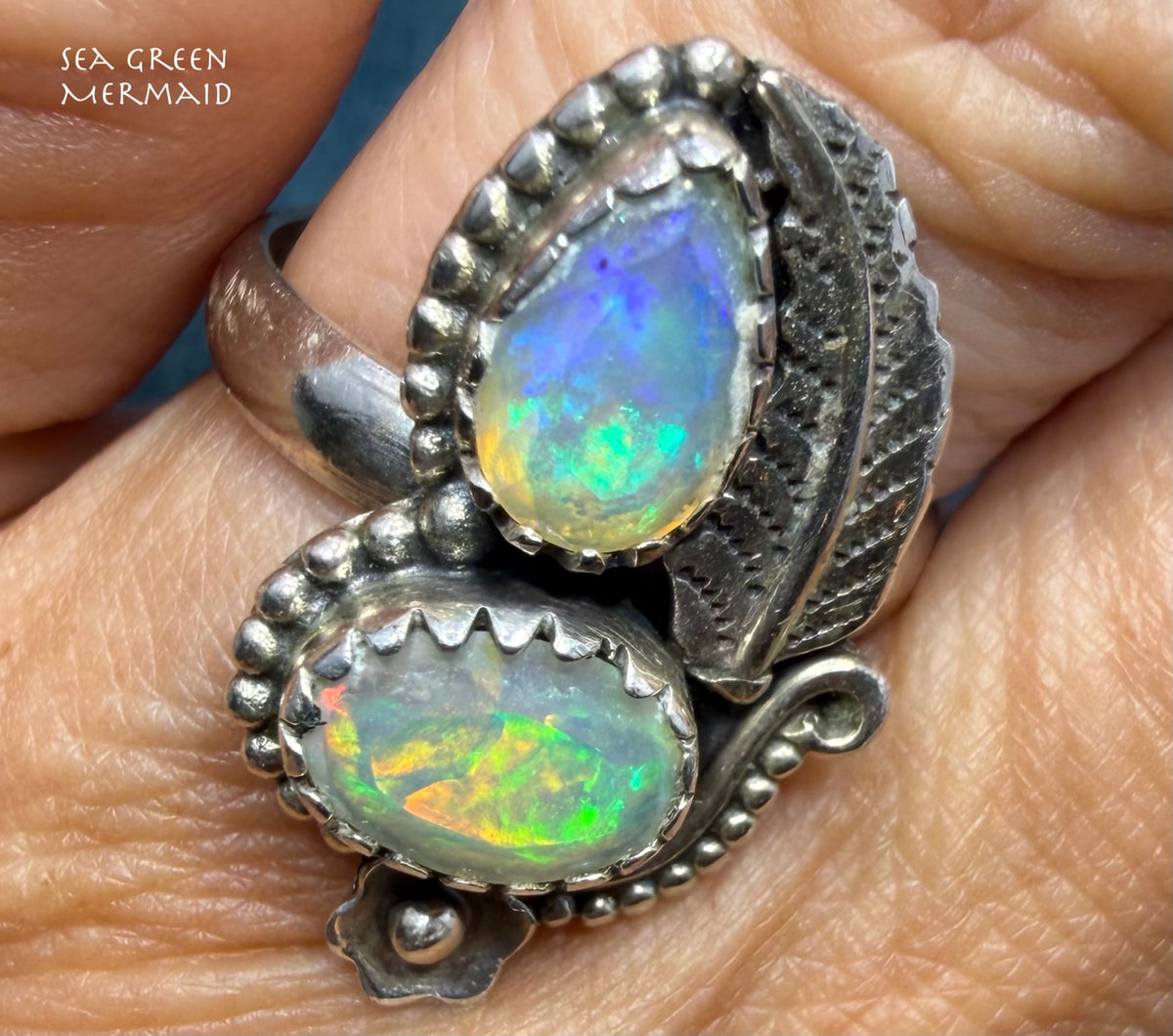 2 Ethiopian Jelly Opals Ring in Silver w Leaf Design. 1" + 4.7g *Video*