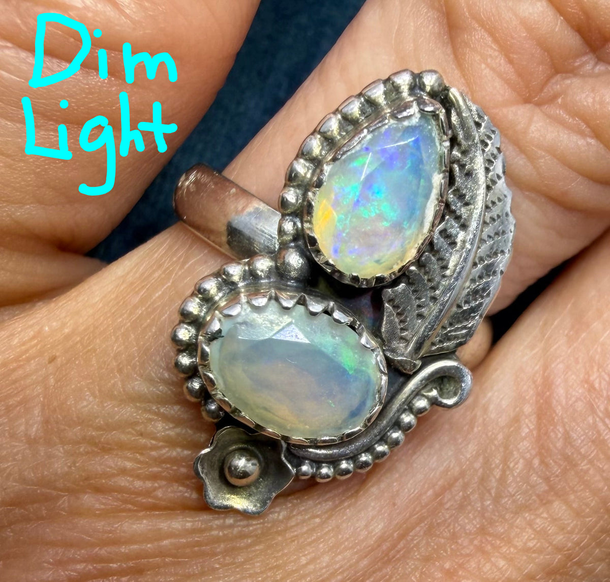2 Ethiopian Jelly Opals Ring in Silver w Leaf Design. 1" + 4.7g *Video*