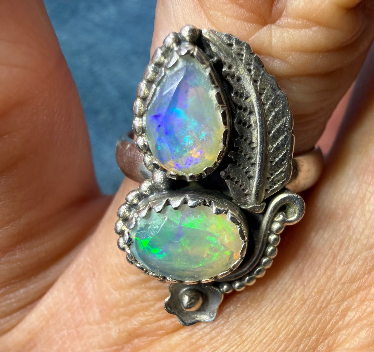 2 Ethiopian Jelly Opals Ring in Silver w Leaf Design. 1" + 4.7g *Video*