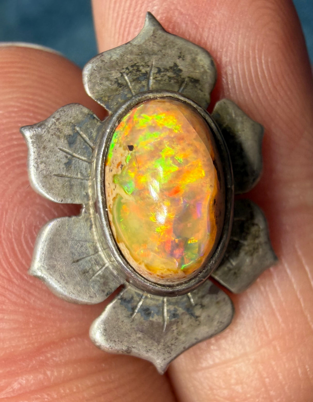 Mexican Opal Squash Blossom Pendant in 925 Silver. Old Pawn *Video*