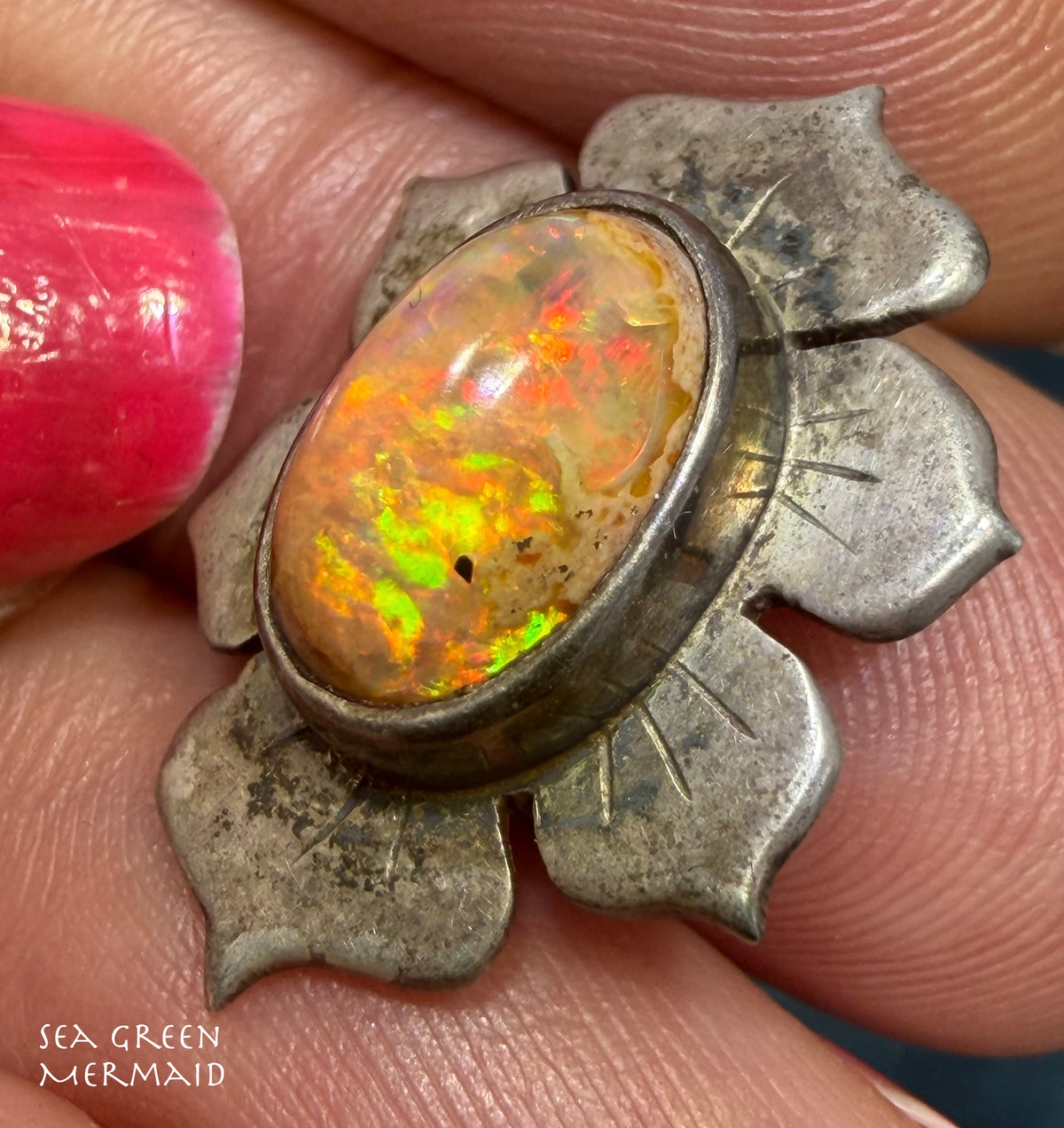 Mexican Opal Squash Blossom Pendant in 925 Silver. Old Pawn *Video*
