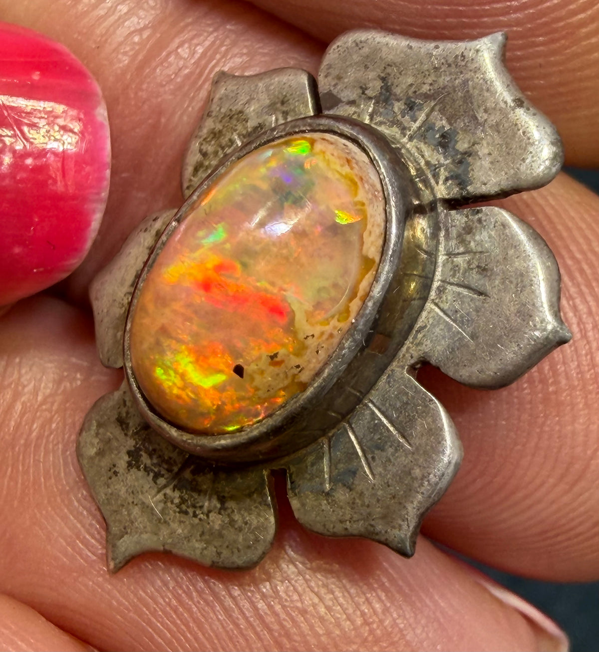 Mexican Opal Squash Blossom Pendant in 925 Silver. Old Pawn *Video*
