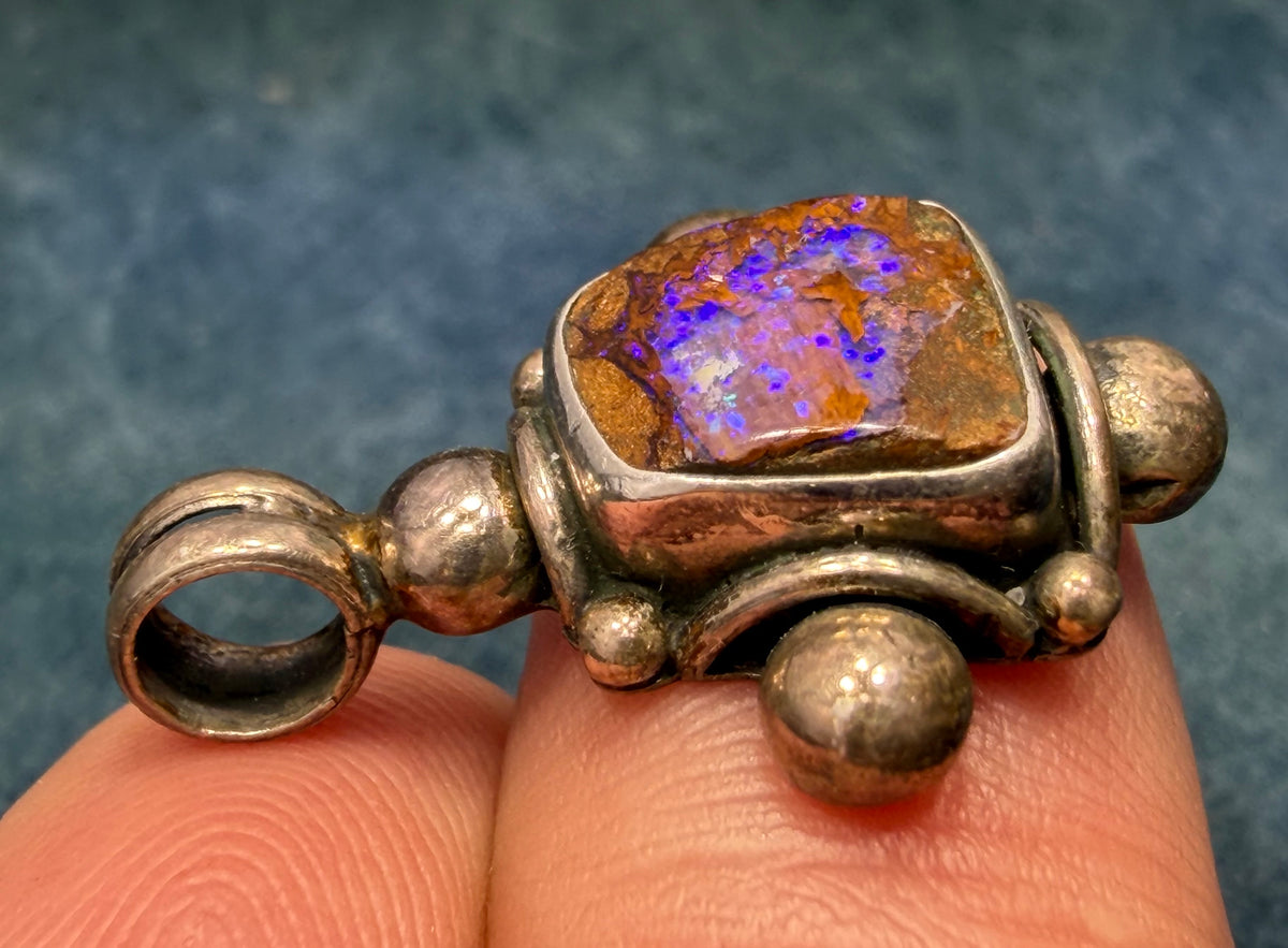 Australian Purple Boulder Opal Pendant in 925 w Bali Beads *Video*