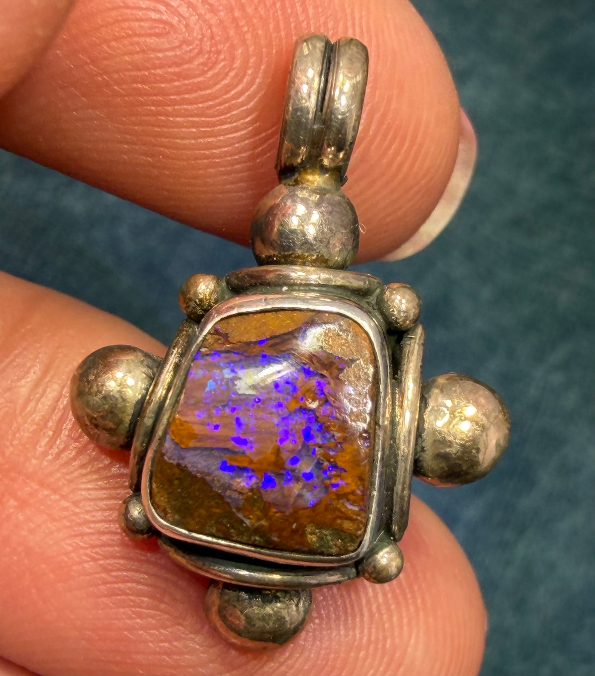Australian Purple Boulder Opal Pendant in 925 w Bali Beads *Video*