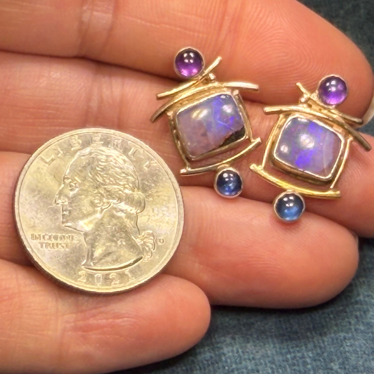 14k Gold + Silver Australian Boulder Opal, Topaz + Amethyst Earrings *Video*