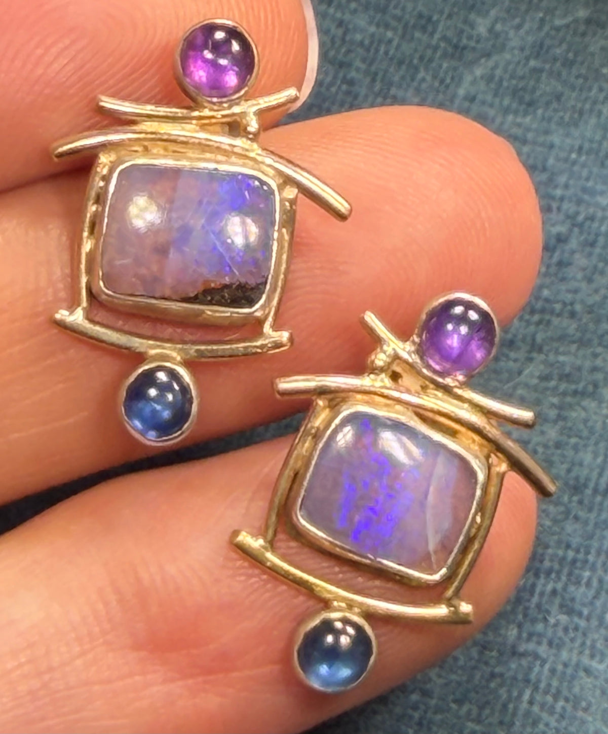 14k Gold + Silver Australian Boulder Opal, Topaz + Amethyst Earrings *Video*