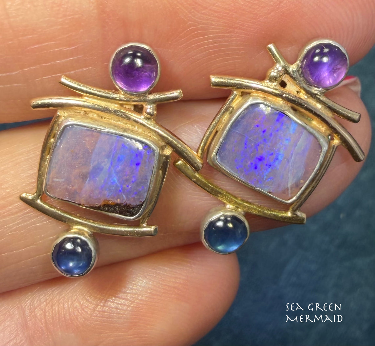 14k Gold + Silver Australian Boulder Opal, Topaz + Amethyst Earrings *Video*