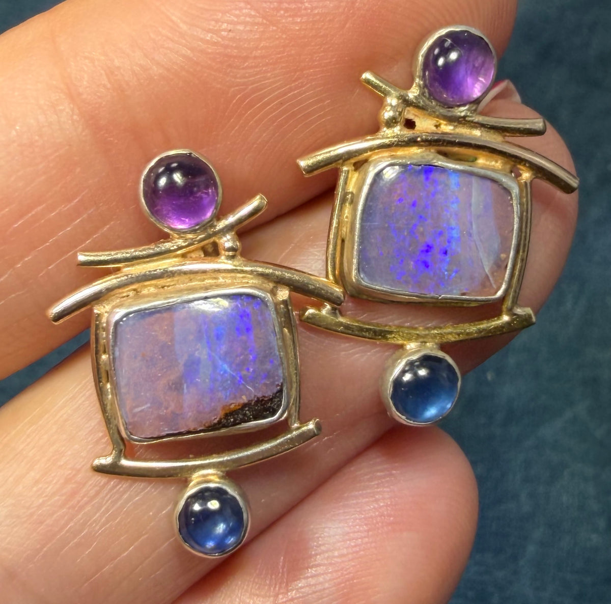 14k Gold + Silver Australian Boulder Opal, Topaz + Amethyst Earrings *Video*