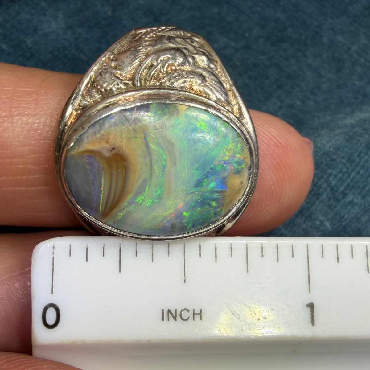 Australian Boulder Opal Silver Dragon Signet Ring. 3/4" + 10g  *Video*
