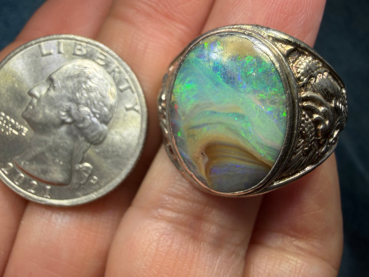 Australian Boulder Opal Silver Dragon Signet Ring. 3/4" + 10g  *Video*