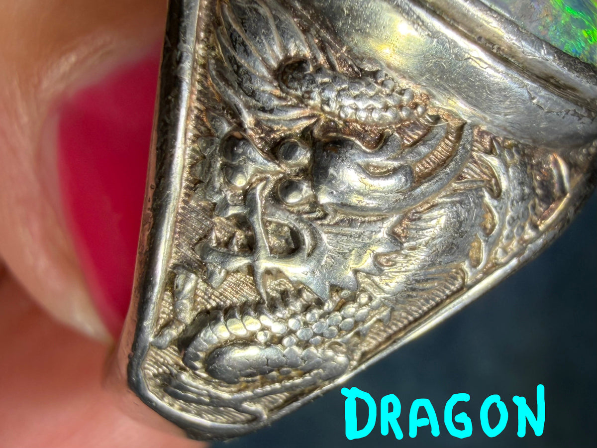Australian Boulder Opal Silver Dragon Signet Ring. 3/4" + 10g  *Video*