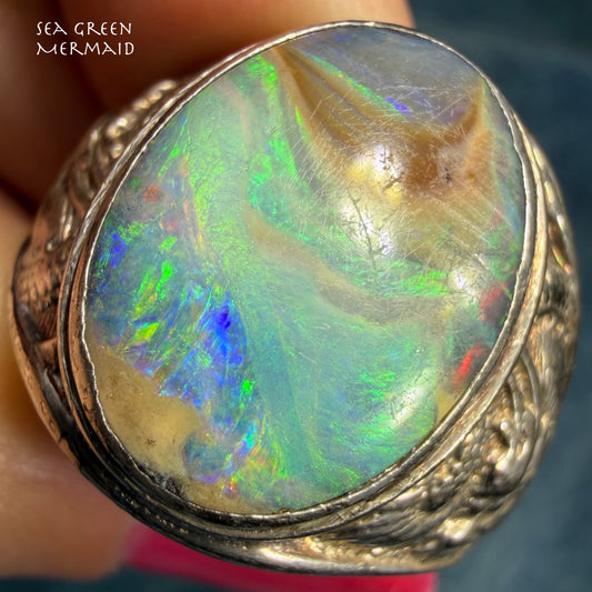 Australian Boulder Opal Silver Dragon Signet Ring. 3/4" + 10g  *Video*