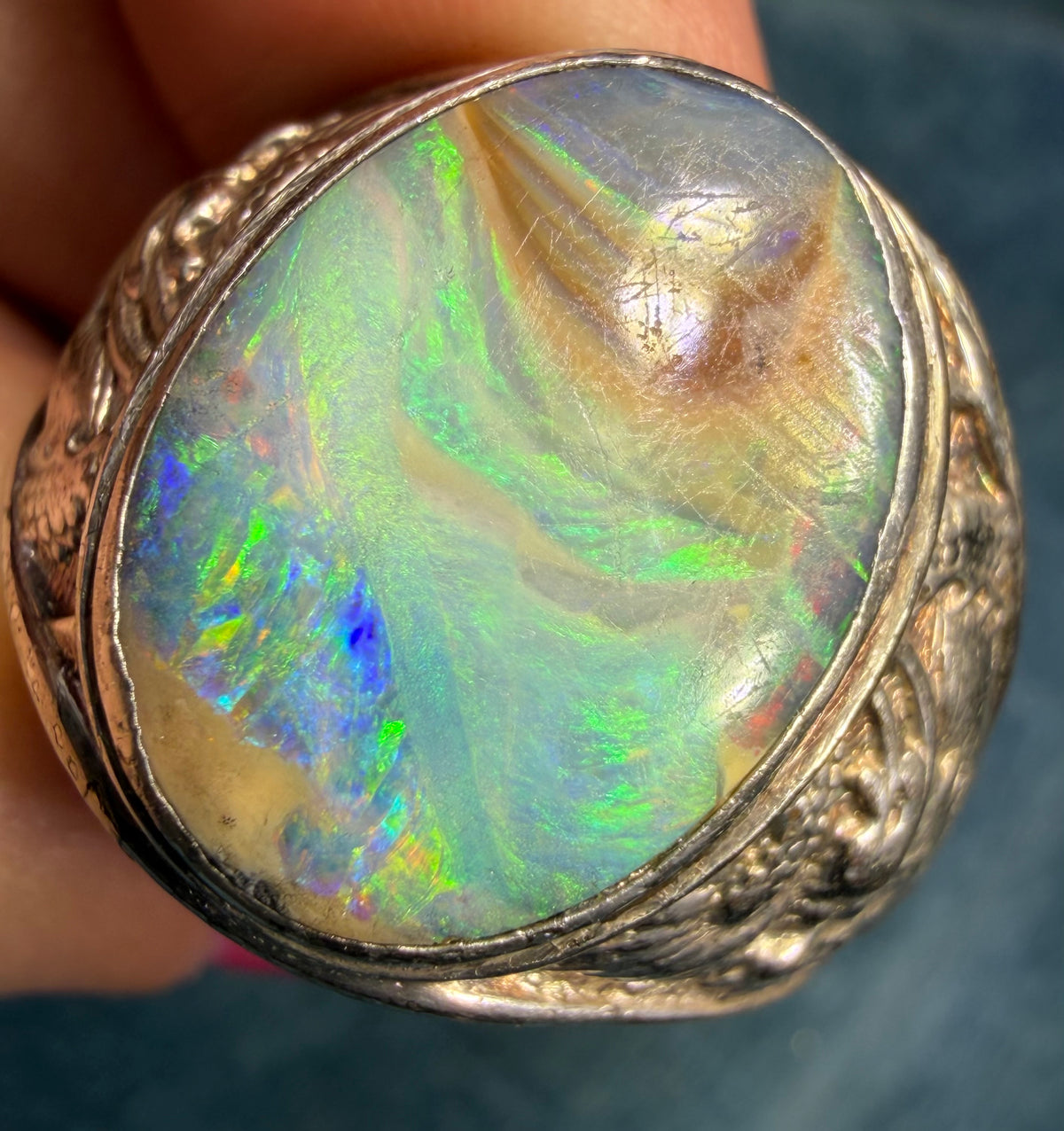 Australian Boulder Opal Silver Dragon Signet Ring. 3/4" + 10g  *Video*