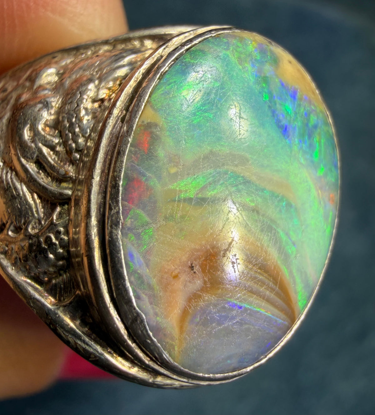 Australian Boulder Opal Silver Dragon Signet Ring. 3/4" + 10g  *Video*