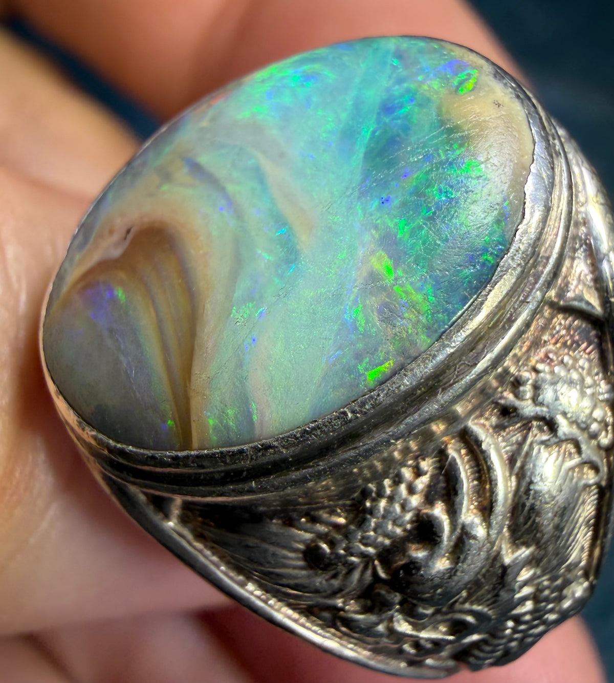 Australian Boulder Opal Silver Dragon Signet Ring. 3/4" + 10g  *Video*