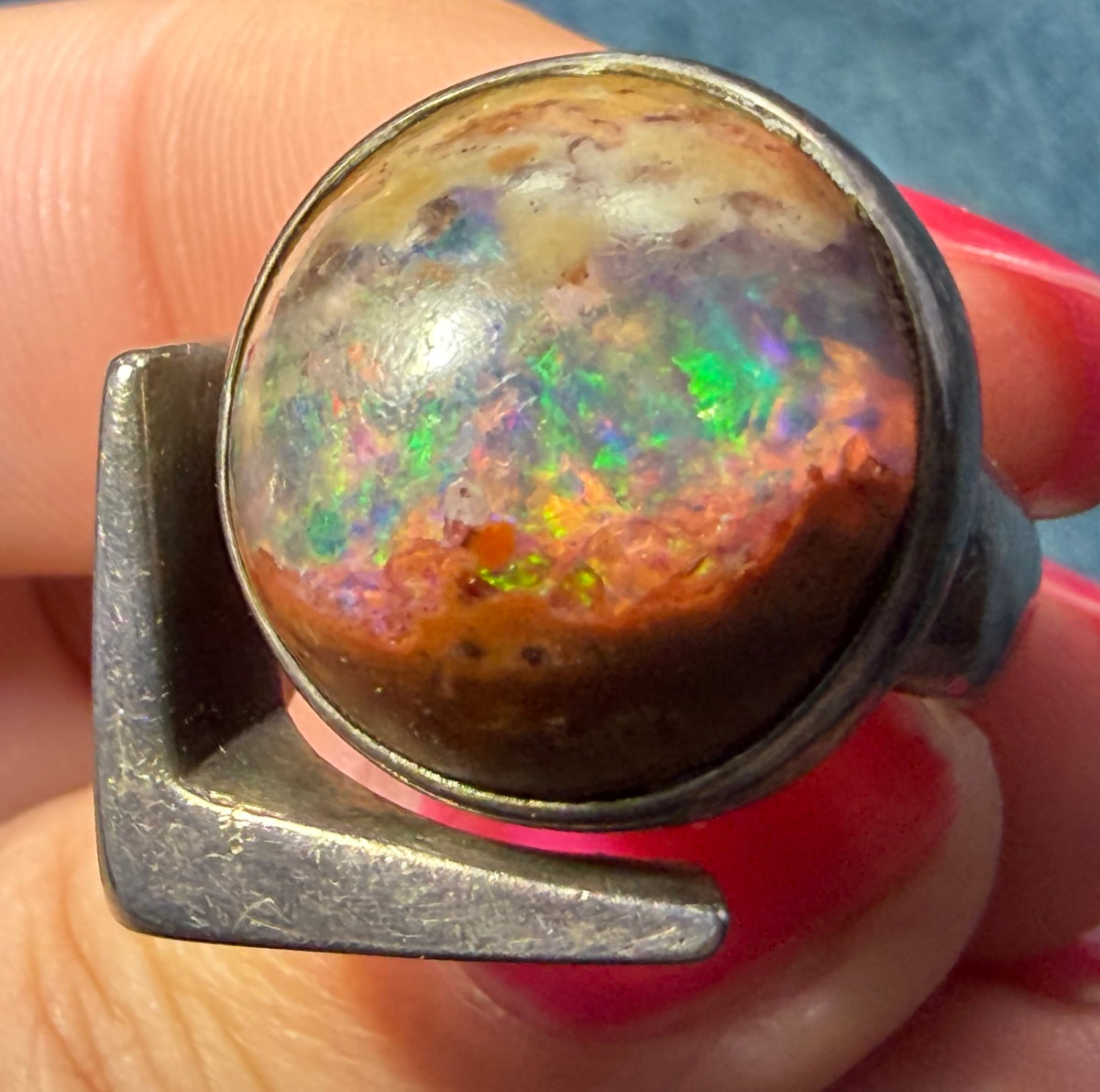 Mexican Boulder Fire Opal in 925 Silver. Mid-Century Modern. 12g *Video*