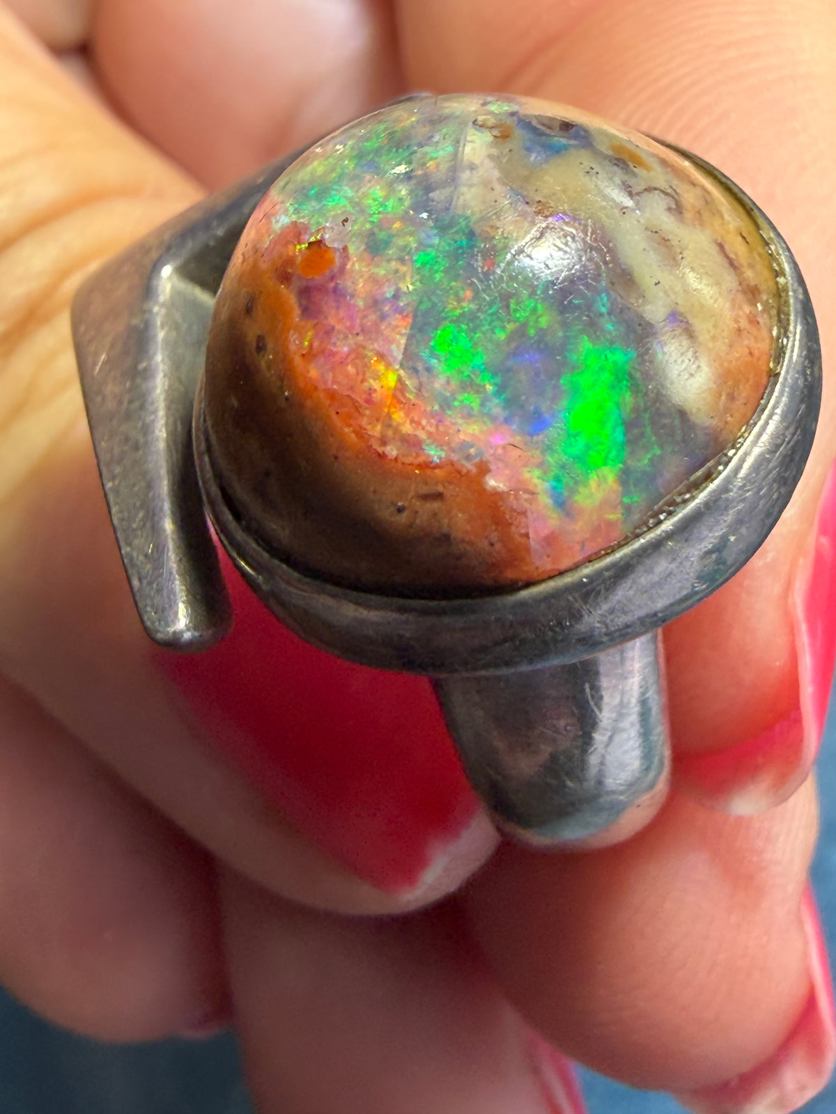 Mexican Boulder Fire Opal in 925 Silver. Mid-Century Modern. 12g *Video*