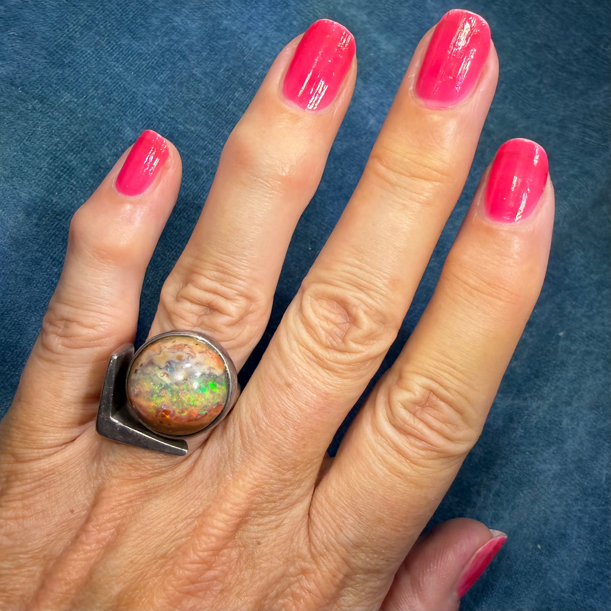 Mexican Boulder Fire Opal in 925 Silver. Mid-Century Modern. 12g *Video*