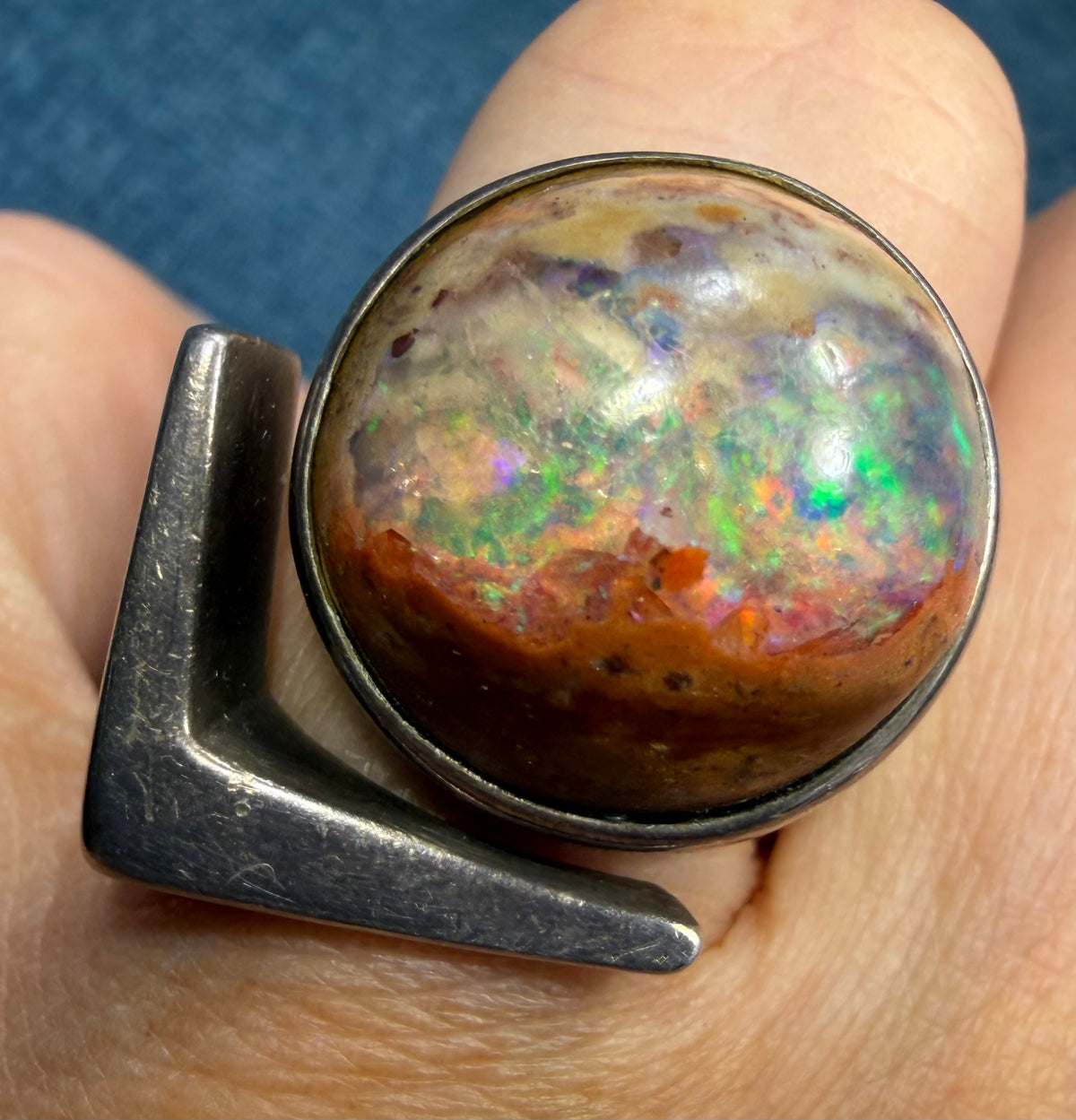Mexican Boulder Fire Opal in 925 Silver. Mid-Century Modern. 12g *Video*