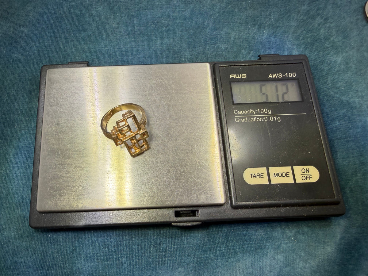 14k Yellow Gold Geometric 3-D MCM Modernist Ring. 0.8" Wide