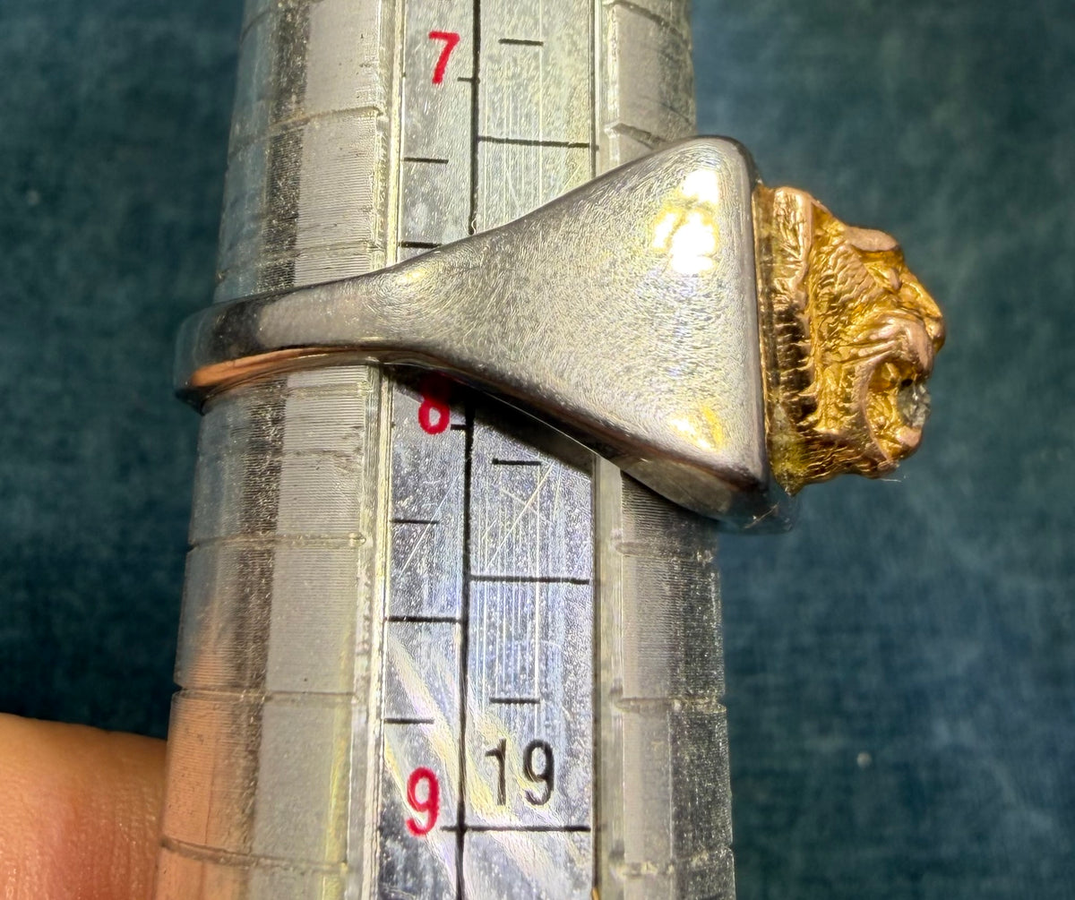 10k Yellow Gold Antique TIGER Head w Rose-Cut Diamond in SS Signet Ring. 8g